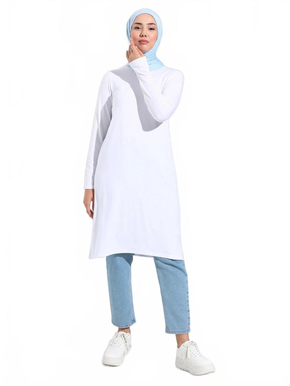 Women's White Long Sleeve Modest Tunic Top, Size - S